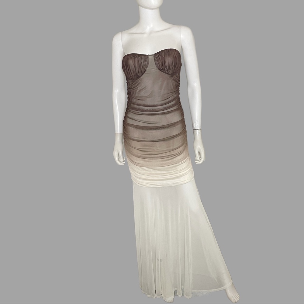 Blue Blush Brown‎ and Cream Ombré Strapless Ruched Bustier Maxi Gown